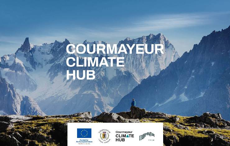 C. Climate Hub manifesto con montagne e loghi partecipanti