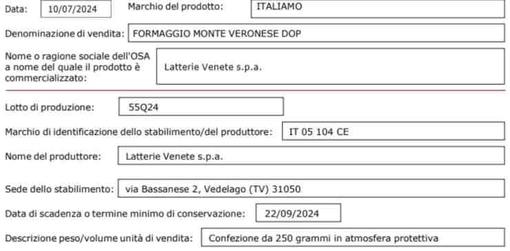 Ministero della Salute, richiamo alimentare