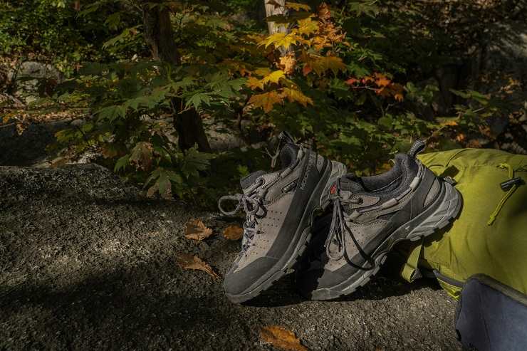 Delle scarpe da trekking vicino a delle foglie ingiallite